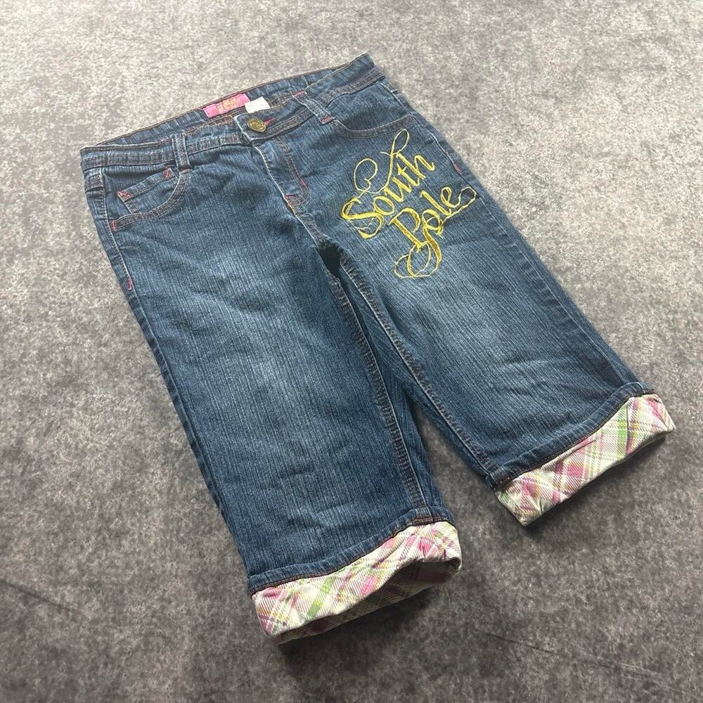 Vintage South Pole Y2K Denim Capri Jeans Kids Girls Size 14 Plaid Cuffs